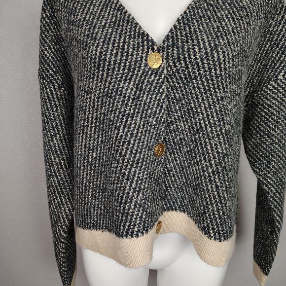 J.Crew Jacquard V-Neck Lady Jacket Cardigan Wool Blend Black/Cream Size Large - Picture 11 of 14